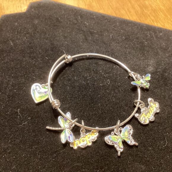 Adjustable Silvertone and Enamel Charm Bangle Bracelet - Picture 1 of 6